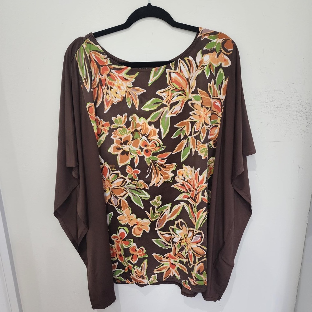 NWT BOB MACKIE BROWN FLORAL PONCHO TUNIC BLOUSE - SIZE 3X